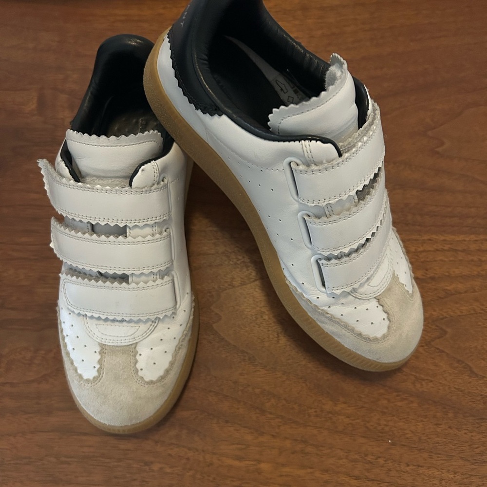 Isabel Marant White, Black & Gum Leather Velcro Sneakers - Picture 4 of 8